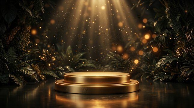 An empty award podium with golden light rays and a dark mystical background.