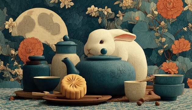 Tranquil Mid-Autumn Festival table setup with mooncake, teapot, golden rabbit, and full moon overhead