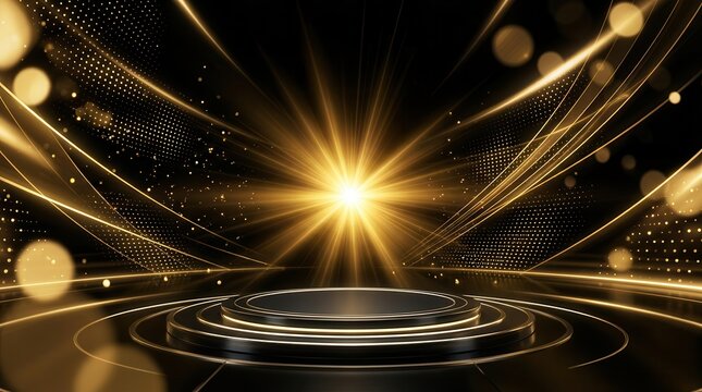 Elegant award ceremony background with golden light rays and luxury bokeh.