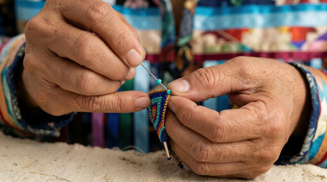Artisan hands creating traditional Native American beadwork. Close-up of a person using a needle and thread to sew colorful geometric bead patterns. Indigenous cultural craft and handmade jewelry