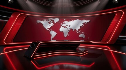 Naklejka premium A high-tech 3D world news background with a digital broadcast desk and map.