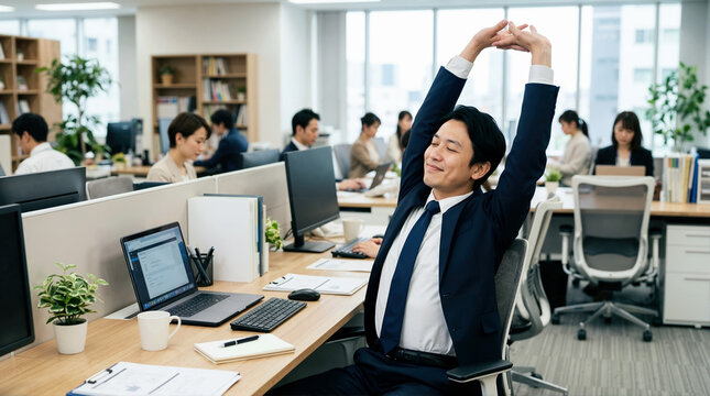 Japanese office worker stretching at his desk. Professional man taking a break in a modern office. Workplace wellness concept