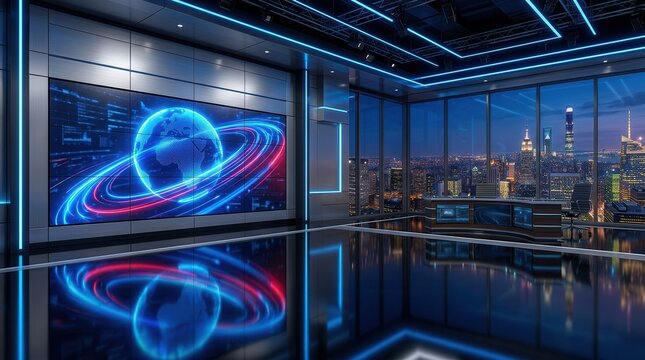 Digital news studio interior with a large video wall displaying a world map.