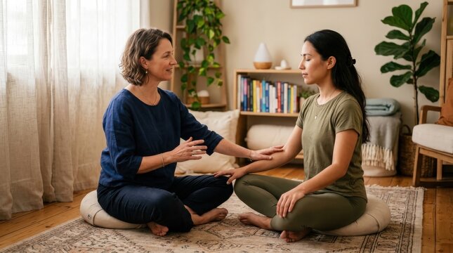 A professional somatic therapist in her 40s sits on a meditation cushion while gently guiding a female client through a mindful healing session in a serene, warm, and natural living room space.