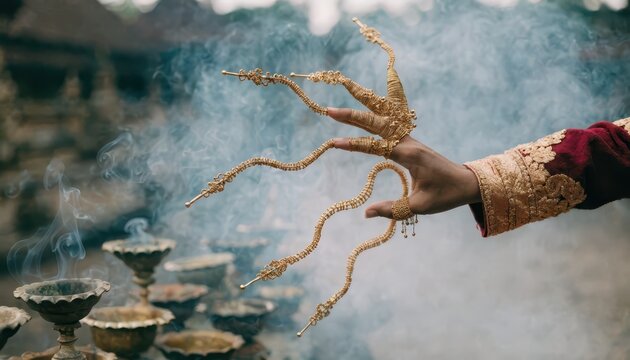 Intricate Golden Finger Extensions Adorn a Balinese Dancers Hand Amidst Mystical Smoke