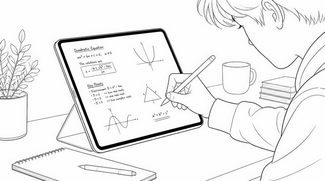 Student diligently studying mathematics on a tablet device, surrounded by educational materials and a cozy atmosphere.