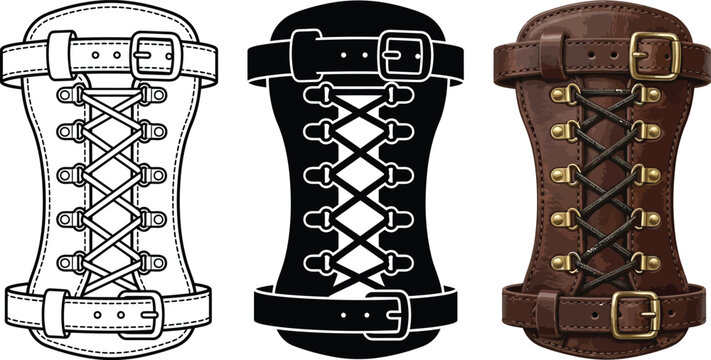 Collection of corset lacing designs featuring buckles and straps in outline silhouette and leather styles ideal for fashion costume or graphic design projects