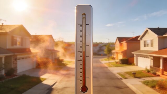 Outdoor thermometer showing high temperatures in a sunny residential neighborhood, symbolizing urban heat waves, global warming, and the impact of climate change on daily life and home comfort.