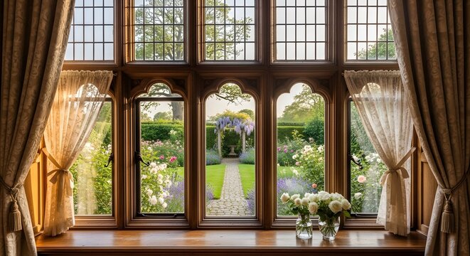 Wooden mullioned window overlooking a lush english garden with stone path