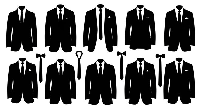 Collection of Men's Suit Jackets and Neckties Silhouettes on White Background