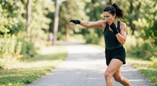 Woman shadowboxing in park. Outdoor cardio workout. Healthy lifestyle concept
