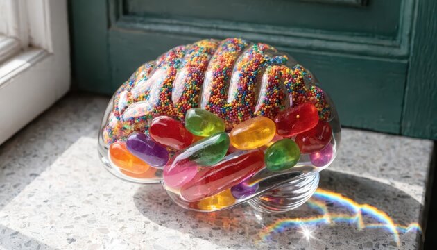 Vibrant Glass Anatomical Brain Model Filled With Colorful Candies and Sprinkles, Creative Concept
