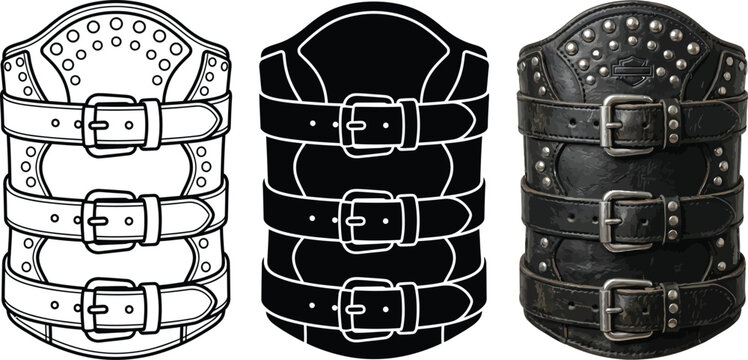 Set of three stylized leather arm guards featuring outline silhouette and realistic textured designs ideal for fantasy gothic or biker themes