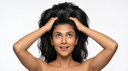 Fototapeta premium Smiling woman touching her hair with joy
