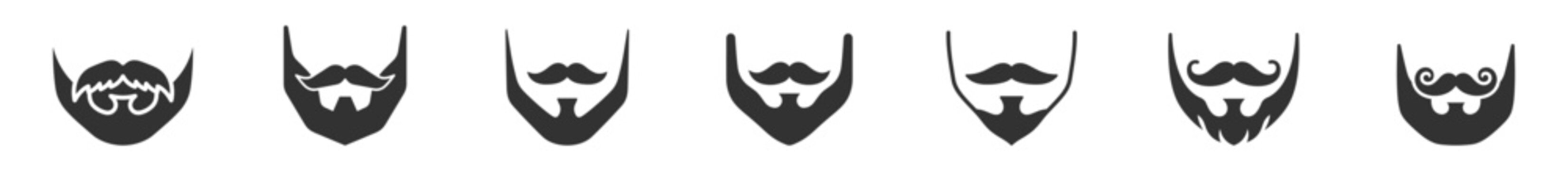 set of seven black beard and mustache silhouettes vector illustration on transparent background