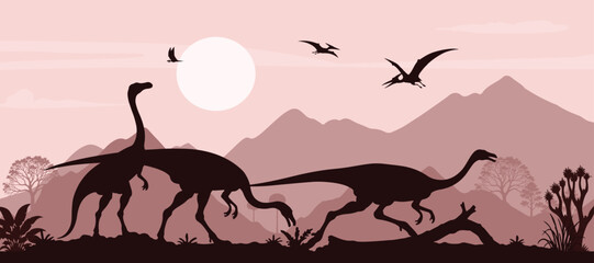 Prehistoric Dinosaur Landscape at Sunset with Struthiomimus and Flying Reptiles © Artoniumw