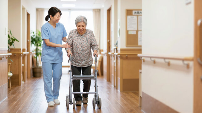 Japanese nurse helping an elderly woman walk with a wheeled walker in a nursing home. Smiling caregiver assisting a senior patient in a corridor