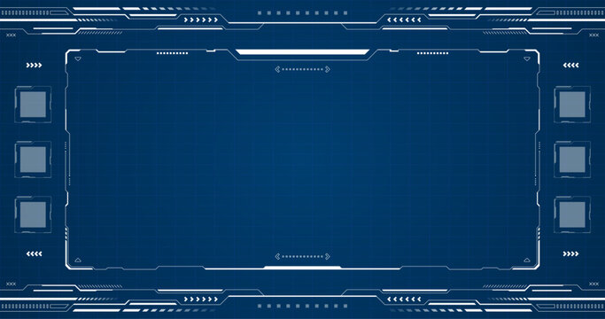 Futuristic HUD white frame design with abstract digital technology grid lines and neon blue background screen mockup.