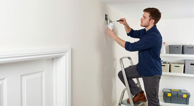 Young male contractor installing motion sensor on white wall. Professional handyman using screwdriver on stepladder for home security setup