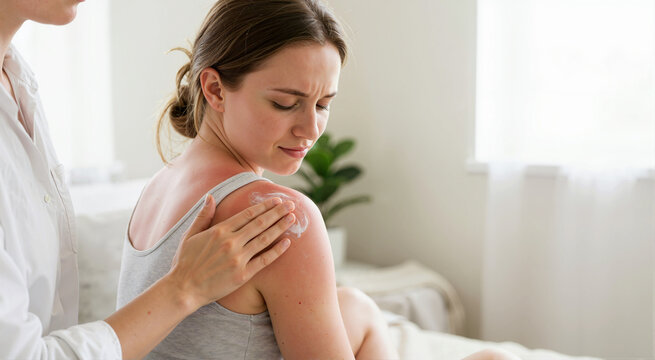 Hand applying soothing cream to severe red sunburn on woman's shoulder. Young female patient receiving skin care treatment for painful sun damage