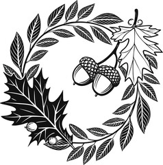 Black and white oak leaf wreath, acorn illustration, vector botanical design, leafy circular pattern © MdSirajul