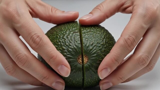 A chef cuts open a fresh green avocado with a sharp knife in a kitchen for a cooking video