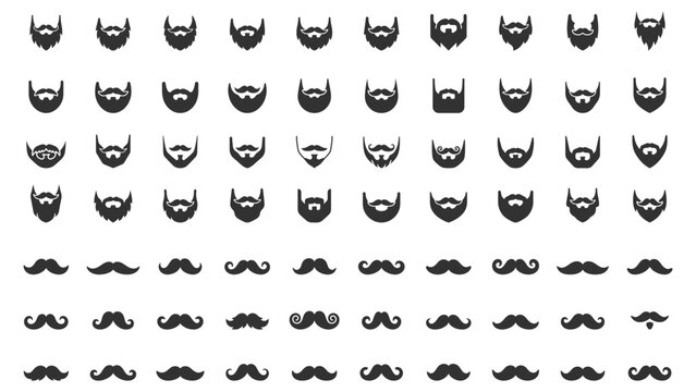 collection of various beard and mustache icon silhouettes vector illustration on transparent background
