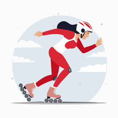 Obraz premium Woman in red suit roller skating with helmet and protective gear