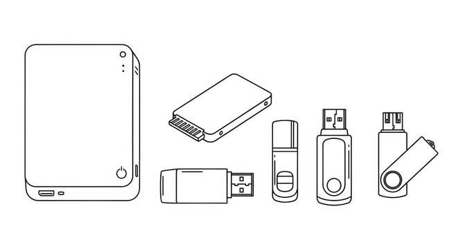 Minimalist Outline Illustration of Data Storage Devices including USB Sticks and External Hard Drives