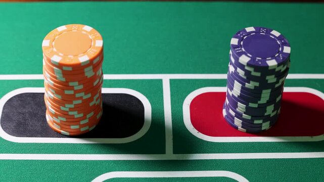 Two stacks of casino chips are positioned on red and black betting fields on a roulette layout. The table surface shows a grid of marked areas separated by white lines. 