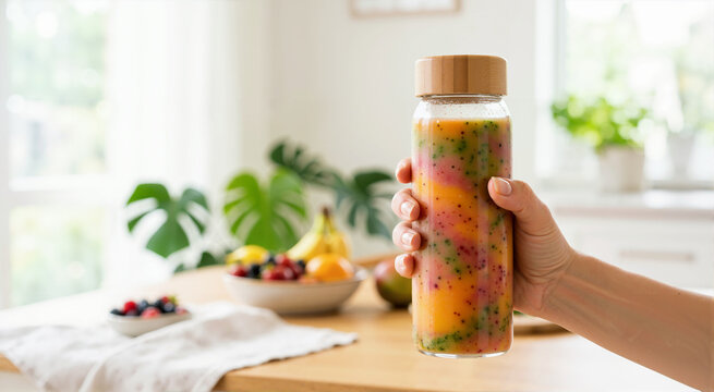 Hand holding glass bottle with colorful layered fruit smoothie. Fresh healthy vitamin drink in bright kitchen setting. Diet and nutrition concept