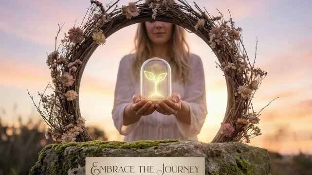 Fertility process quest: infertility challenge, hopeful journey, future child, woman hold, gentle sprout, new beginning, life desire, embrace dream, serene light.