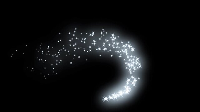 White glowing fairy sparkle line burst, magic dust trail animation, glittering twinkle stars, shimmering particles transition effect, luxury sparkling motion graphic on chroma key black background, 4k