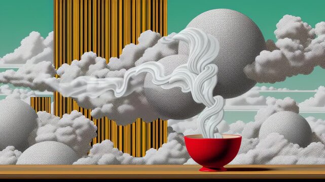 Red ceramic bowl with rising steam on wooden surface in surreal cloudy architectural landscape