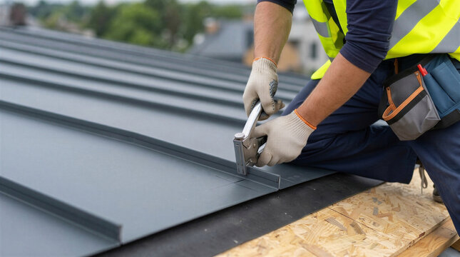 Metal Roofing Installation Worker Securing Modern Roof Panels