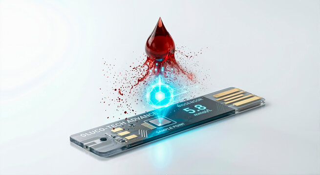 Abstract drop of blood transforming into digital data above a glucose test strip. Modern diabetes monitoring and medical technology concept