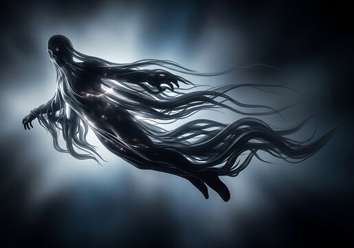 Ethereal dark spirit floating in a misty void with flowing shadowy tendrils