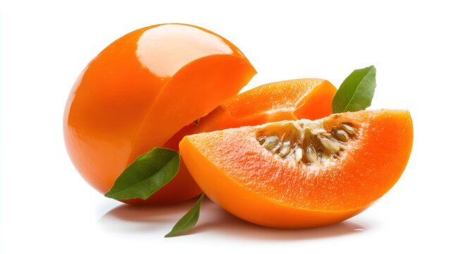 Cut naranjilla fruit with green leaf arrangement
