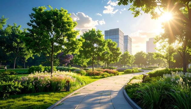 A serene city park with lush greenery and a winding path