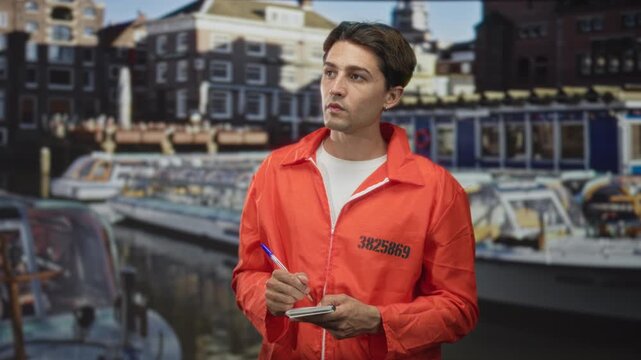 Man in orange inmate jumpsuit writing with a pen on a notepad by canal building and boats; remorse reflection.