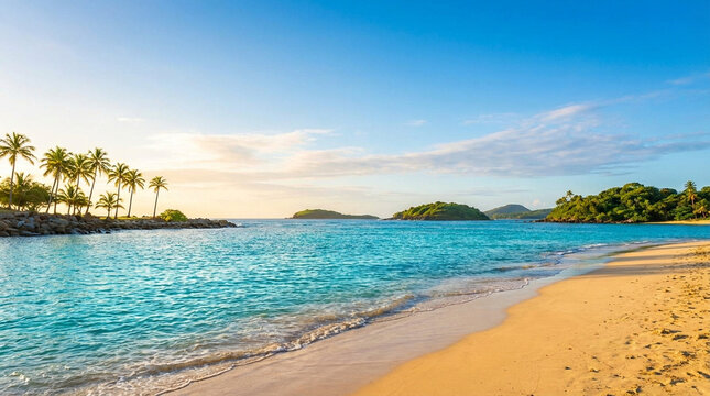 Tropical coastline with intense aqua water, golden sandy beach, palm trees, and small islands under bright blue sky with soft clouds at sunset