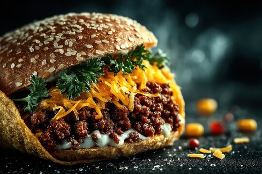 Trendy cheeseburger or taco on dark surface with space for text