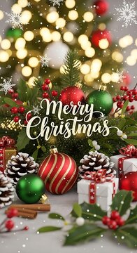 Festive christmas scene with ornaments gifts and holiday decorations