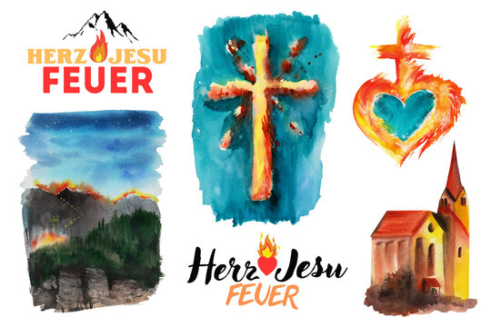 Handmade watercolor illustration of traditional midsummer bonfire festival in Austrian Alps. herz jesu feuer set