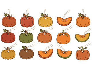 Fototapeta premium Pumpkin price tag collection with hanging strings in flat vector style for autumn harvest sales and seasonal retail branding