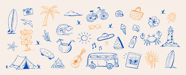 Obraz premium Summer beach sea doodle set. Crayon sketch naive coastal drawings. Vector summertime sea travel hand drawn collage.