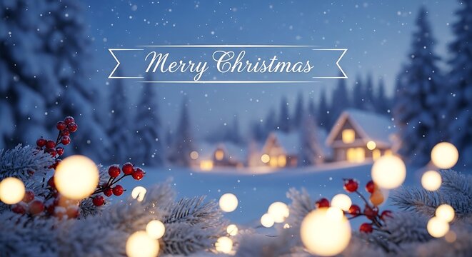 Winter christmas scene cozy cabin with snowfall and festive holiday lights