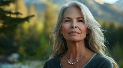 Naklejka premium Golden light caresses her silver hair. She gazes thoughtfully at distant mountains. Peaceful stillness surrounds her in nature. Soft focus highlights her calm, serene expression