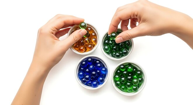 Hands sorting colorful glass marbles into small white bowls