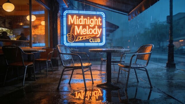 Neon sign reading &ldquo;Midnight Melody Club&rdquo; glowing through a rain-soaked caf&eacute; window at night, creating a cinematic urban atmosphere of music and nightlife.